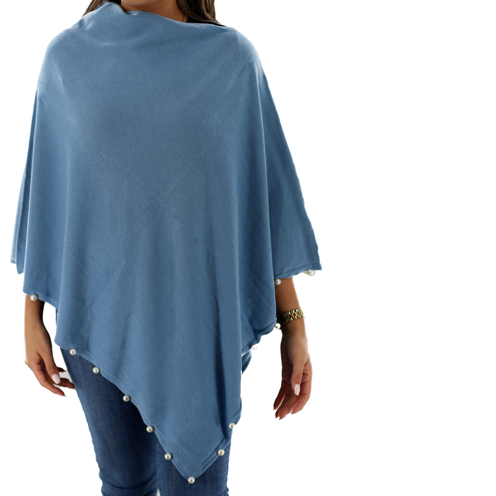 La Fiorentina Lightweight Knitted Poncho with Pearl Trim Border